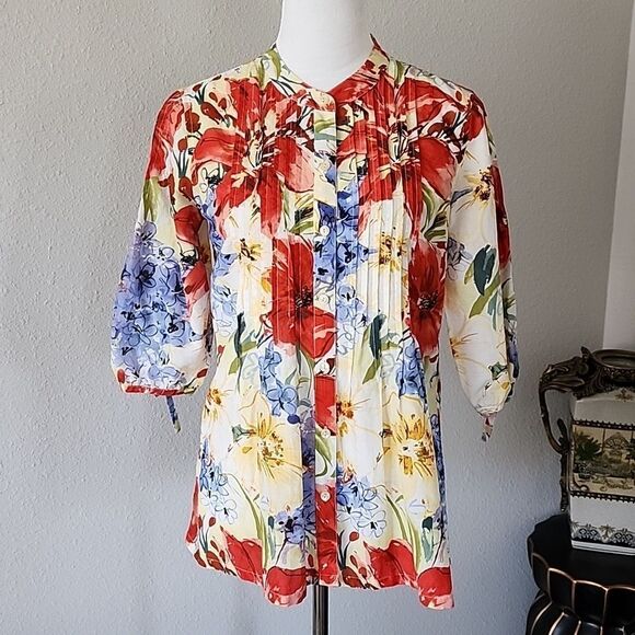 Tommy Bahama Floral 3/4 Long Sleeve Silk Cotton Blend Blouse - Picture 4 of 16